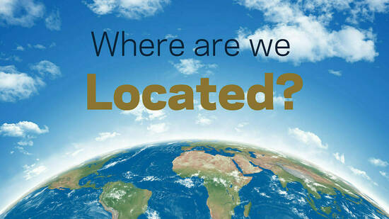 A globe of Earth showing continents under a blue sky with white clouds. Overlaid text reads, 'Where are we Located?